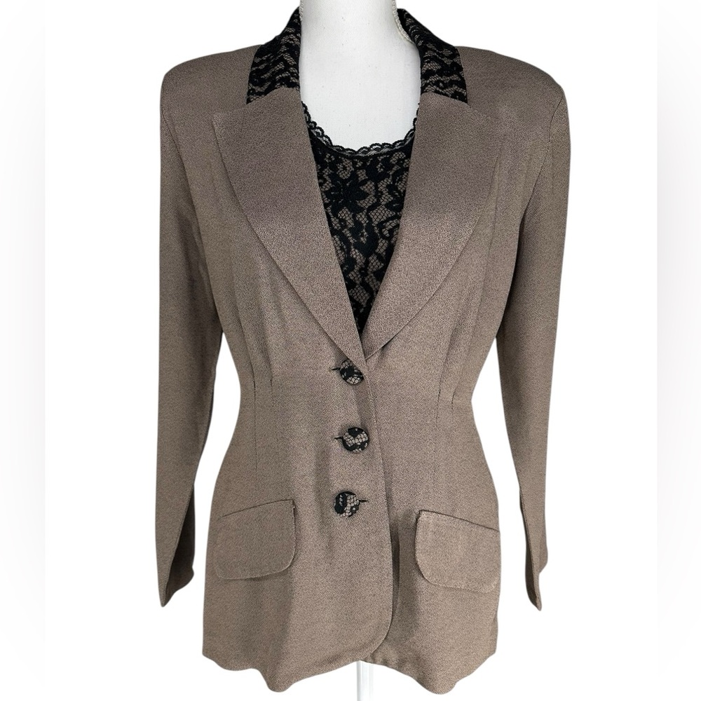ALL THAT JAZZ / Vintage Tan & Black Lace Detail Blazer / Size 9/10 - Retro Goth